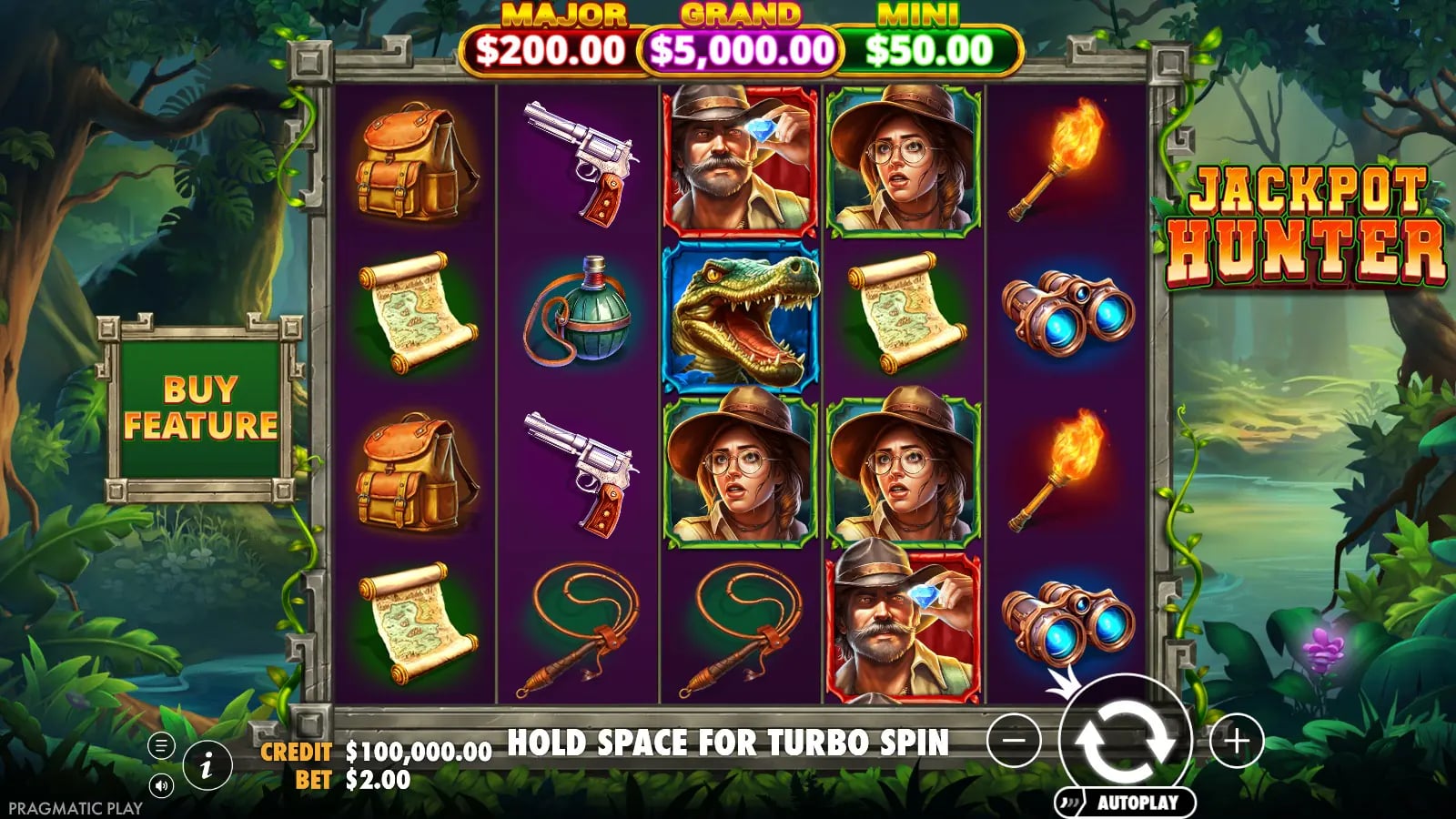 Jackpot Hunter ordinary five-reel board beneath Mini, Major and Grand jackpot headers.