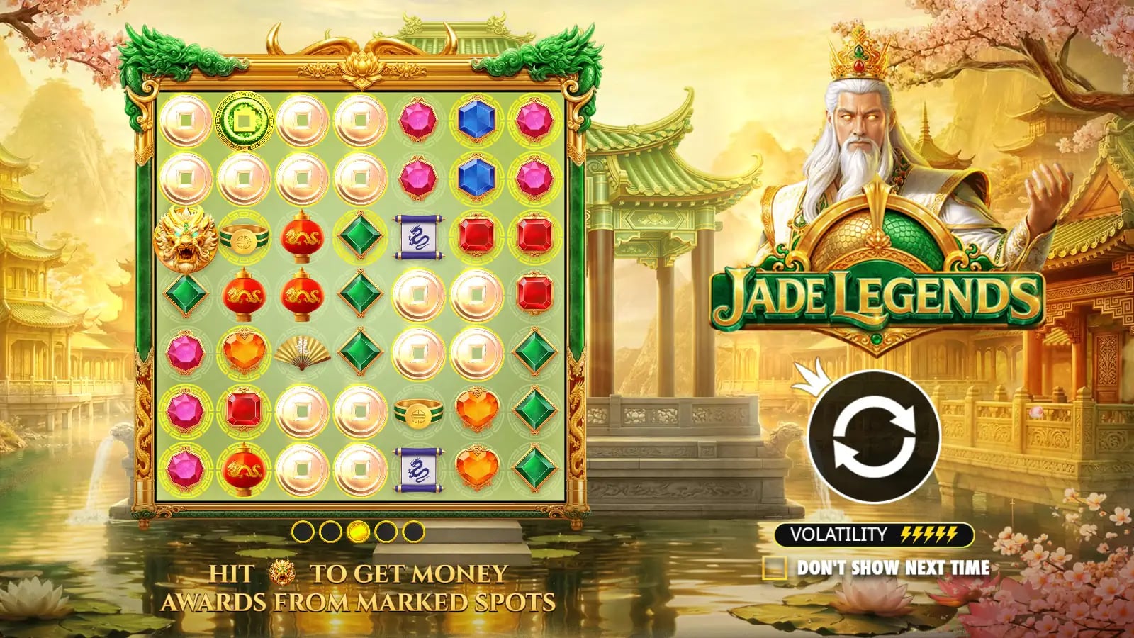 Jade Legends tutorial showing its 7x7 cluster grid, marked gold positions and Dragon coin-collect symbol