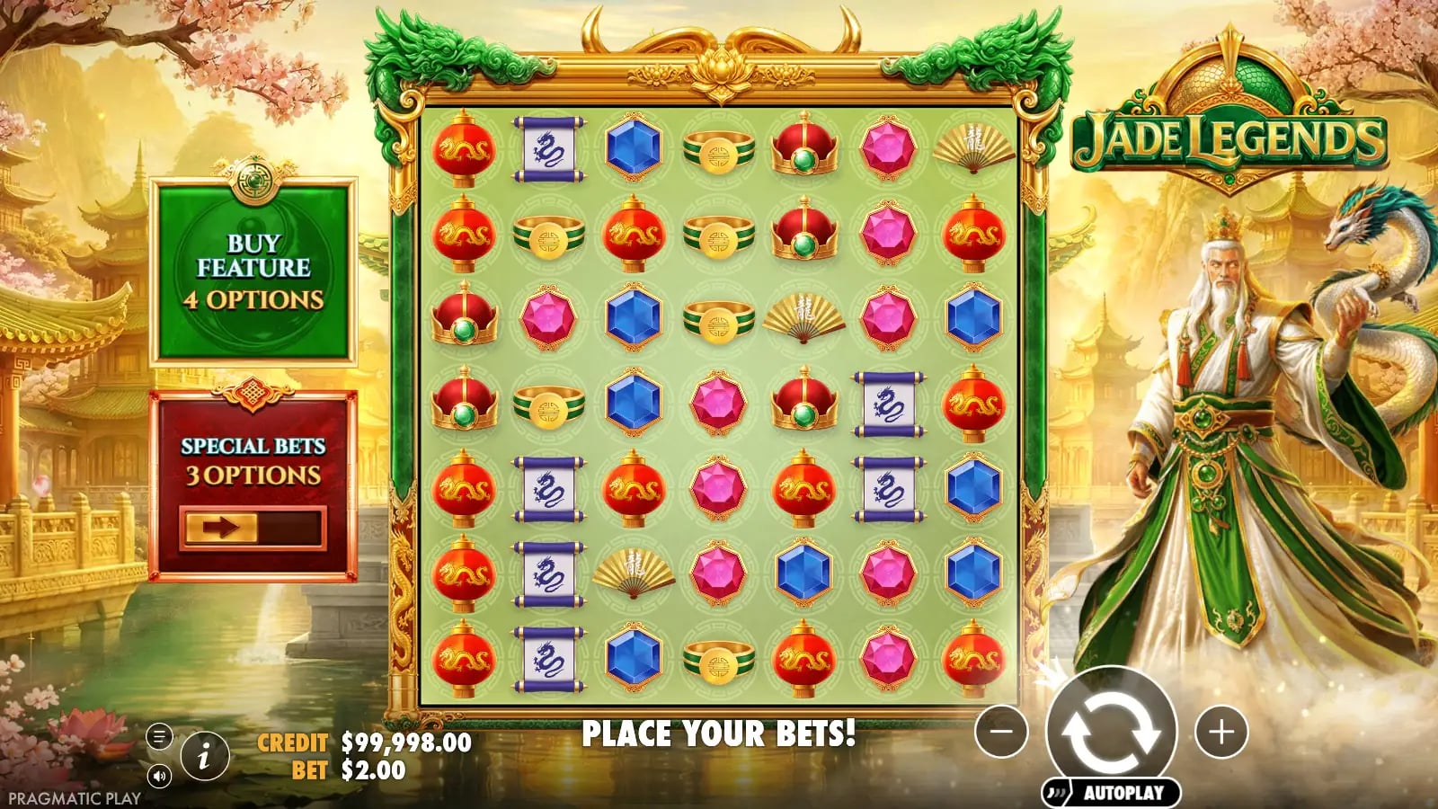 Jade Legends base game with a full 7x7 jewel grid, four feature-buy options and three special-bet choices