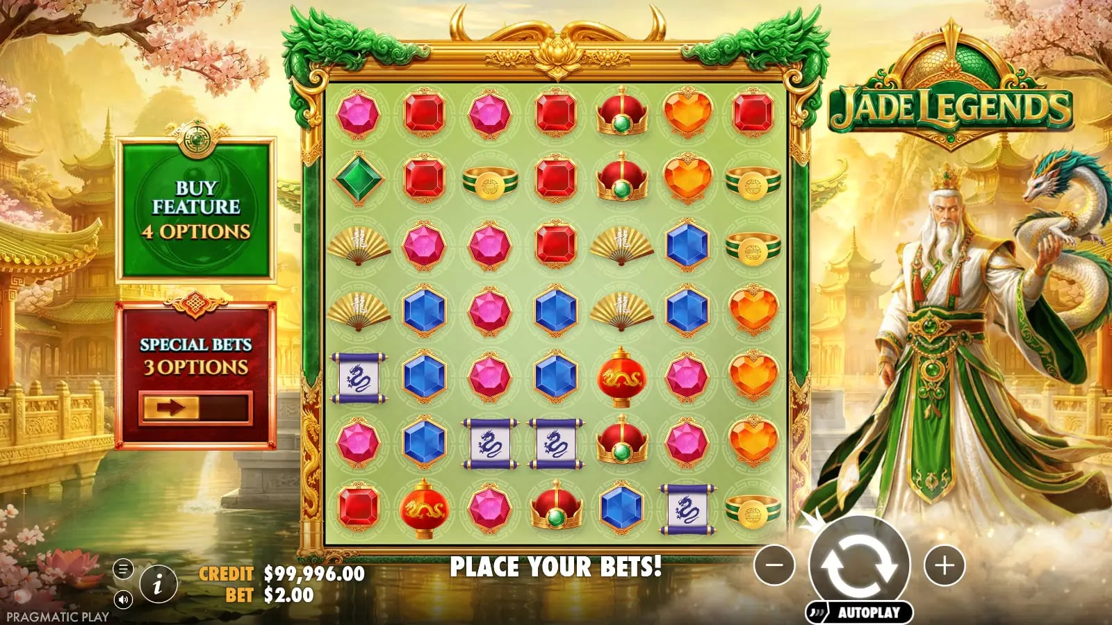 Jade Legends completed tumble board with the golden Dragon symbol visible at the bottom of the 7x7 grid