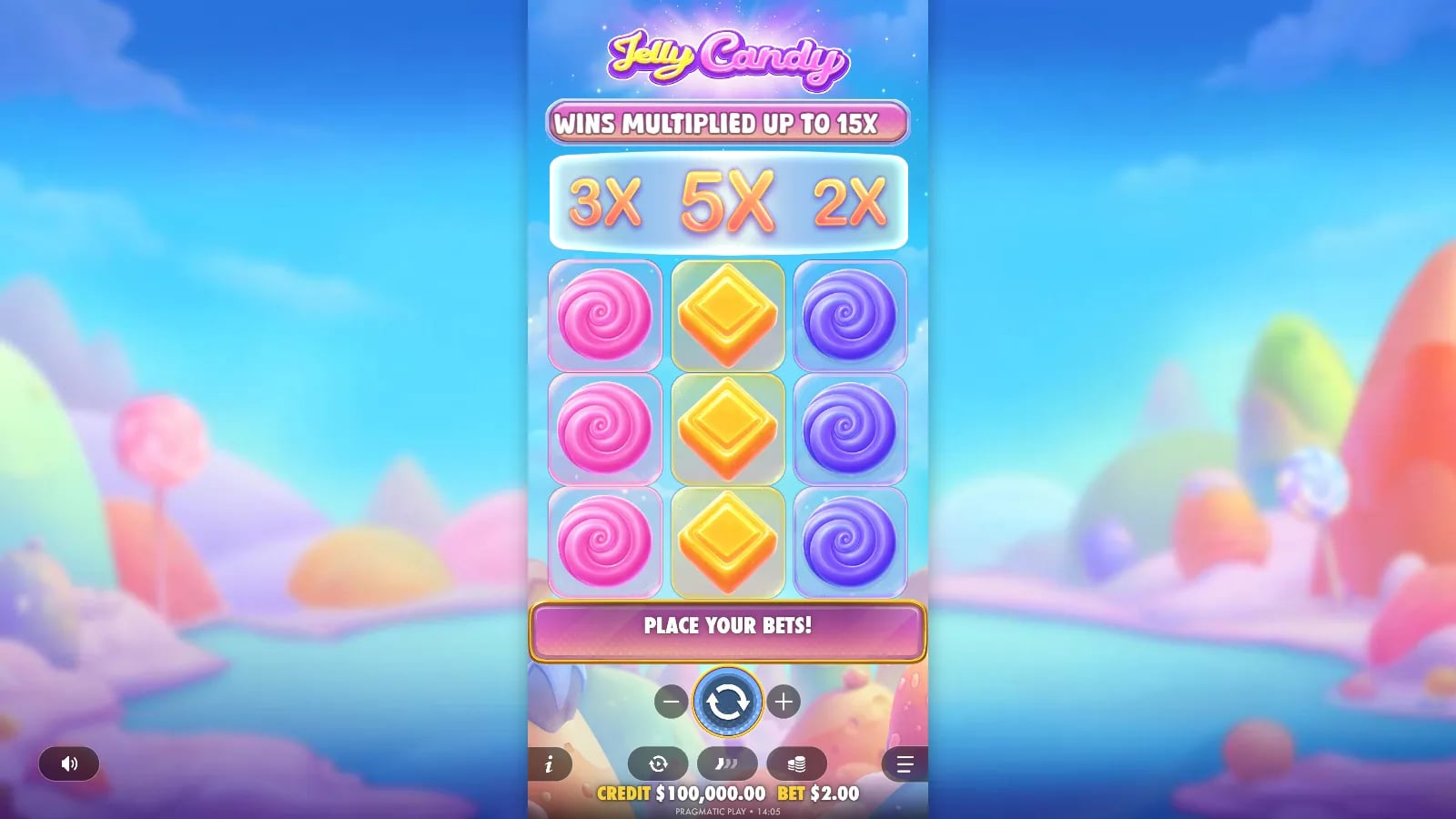 Jelly Candy settled 3×3 virtual demo board with a 3×/5×/2× top strip, $2 bet and no displayed win.