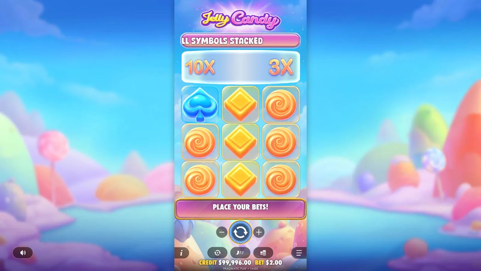 Jelly Candy second settled $2 virtual board with stacked diamonds, 10× and 3× top-row labels and no result banner.
