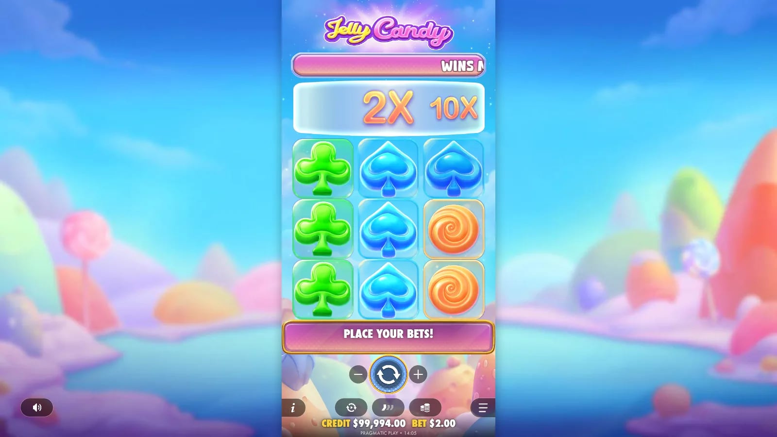 Jelly Candy third ordinary 3×3 demo board with 2×/10× top labels, $2 virtual bet and no photographed payout.