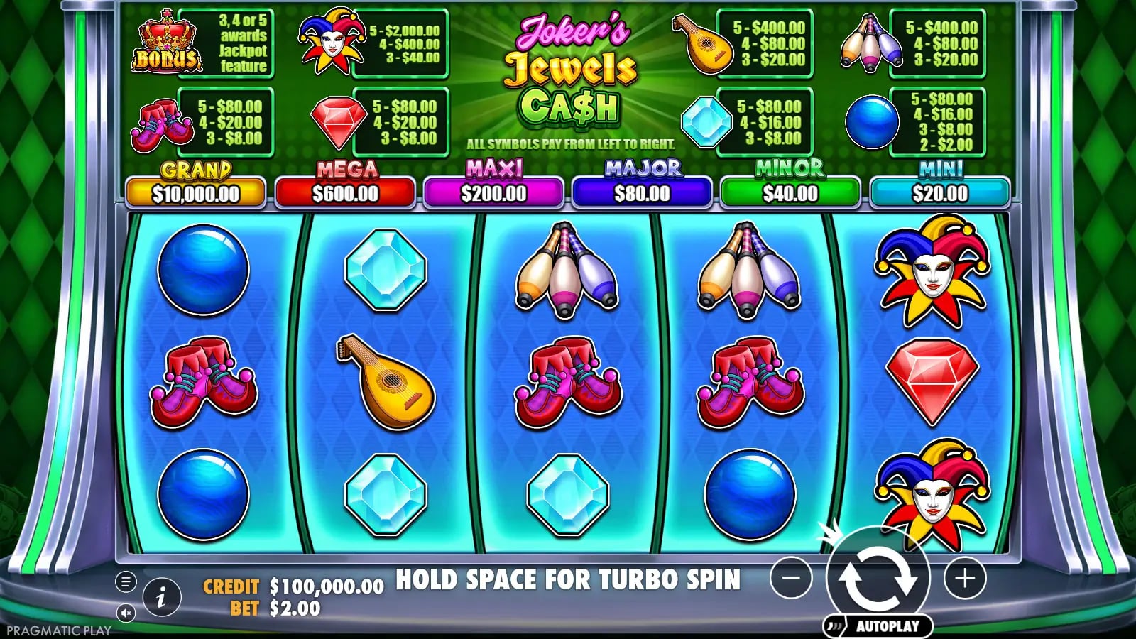 Joker’s Jewels Cash ordinary five-reel board beneath six displayed jackpot amounts.