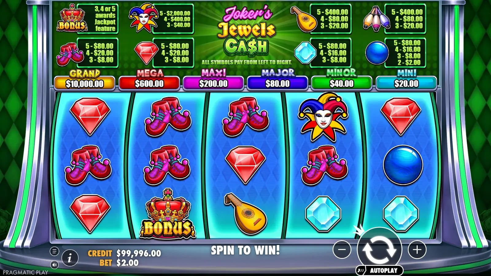 Joker’s Jewels Cash base game with one Bonus crown at the bottom of reel two.