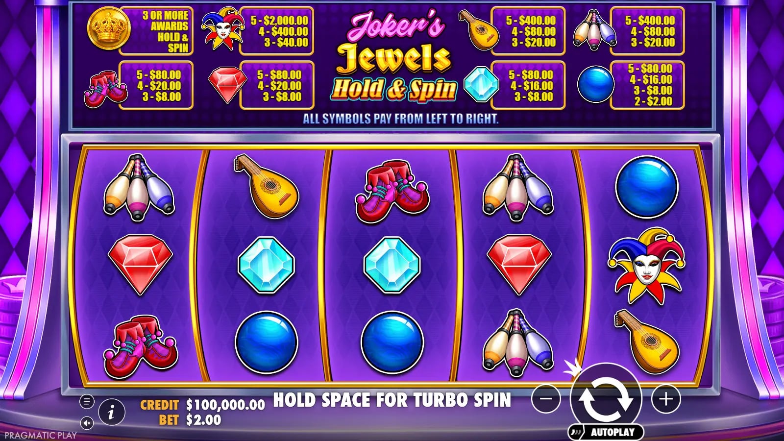 Joker's Jewels Hold and Spin pre-spin five-reel base grid beneath the symbol paytable