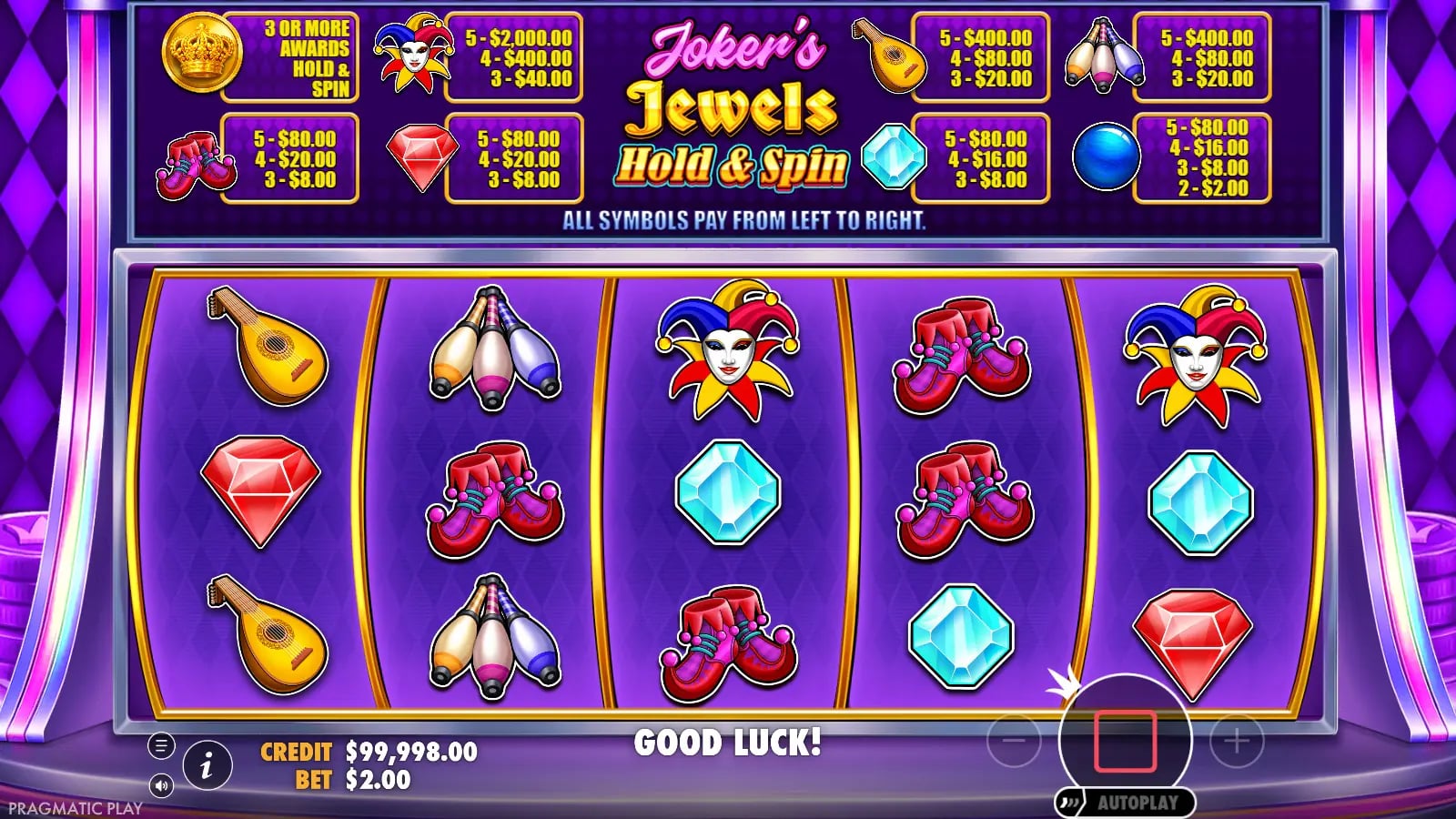 Joker's Jewels Hold and Spin base spin with jester symbols and gems