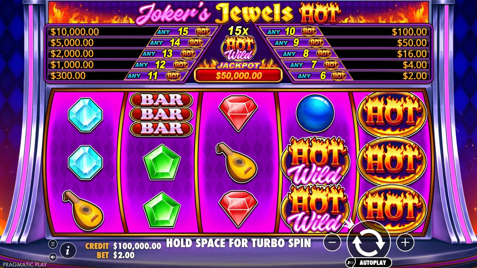 Joker's Jewels Hot ordinary reels with three HOT and two HOT WILD icons at $2 virtual stake.