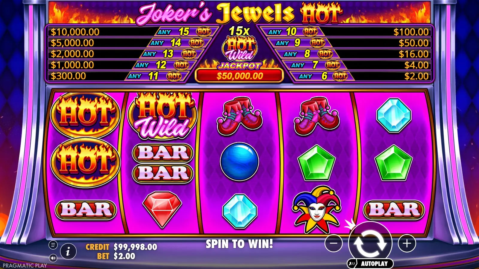 Joker's Jewels Hot ordinary board with two HOT icons and one HOT WILD before a spin.