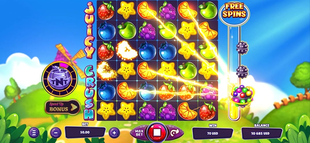 Juicy Crush: Fruit-clearing animation sends highlighted symbols toward the progress meter.