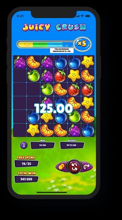 Juicy Crush: Official portrait device illustration of Juicy Crush bonus play, with the multiplier above the field and an example win.