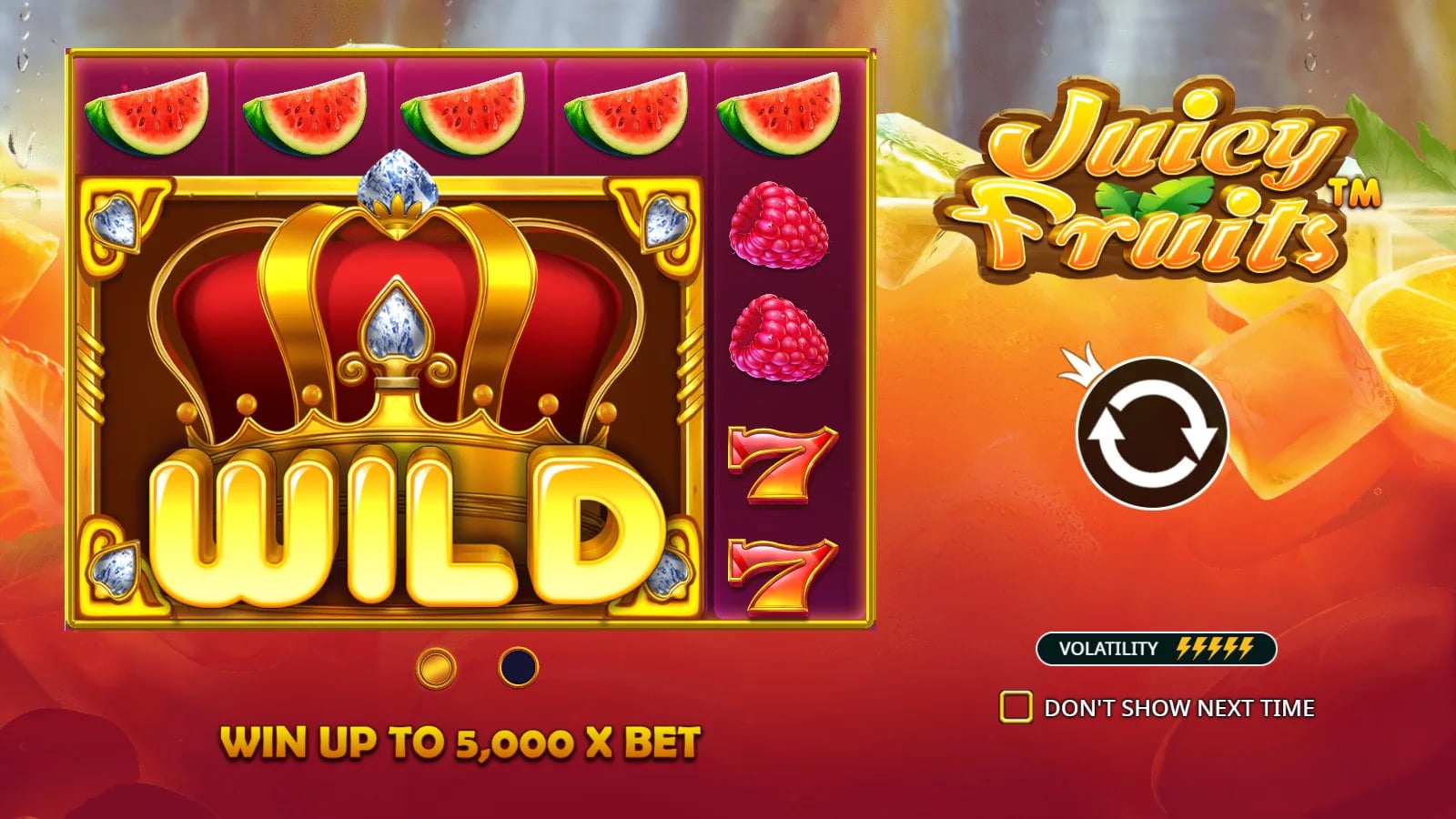 Juicy Fruits official startup tutorial artwork introducing the expanding Wild feature on the 5x5 game.