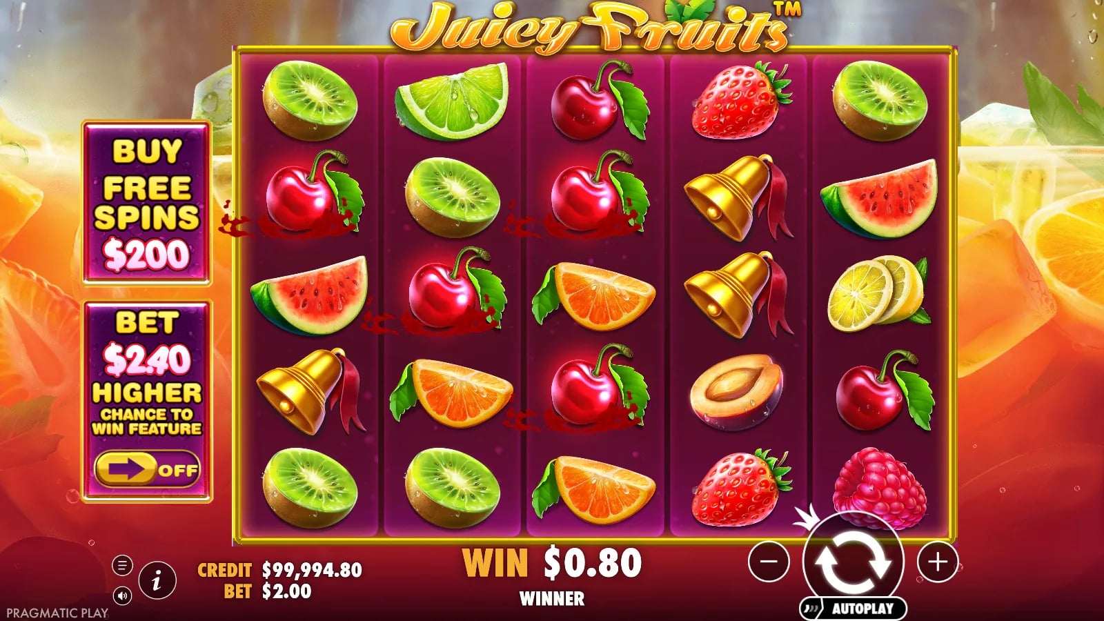 Juicy Fruits 5x5 ordinary-game fruit board with a 0.80 dollar cherry award.