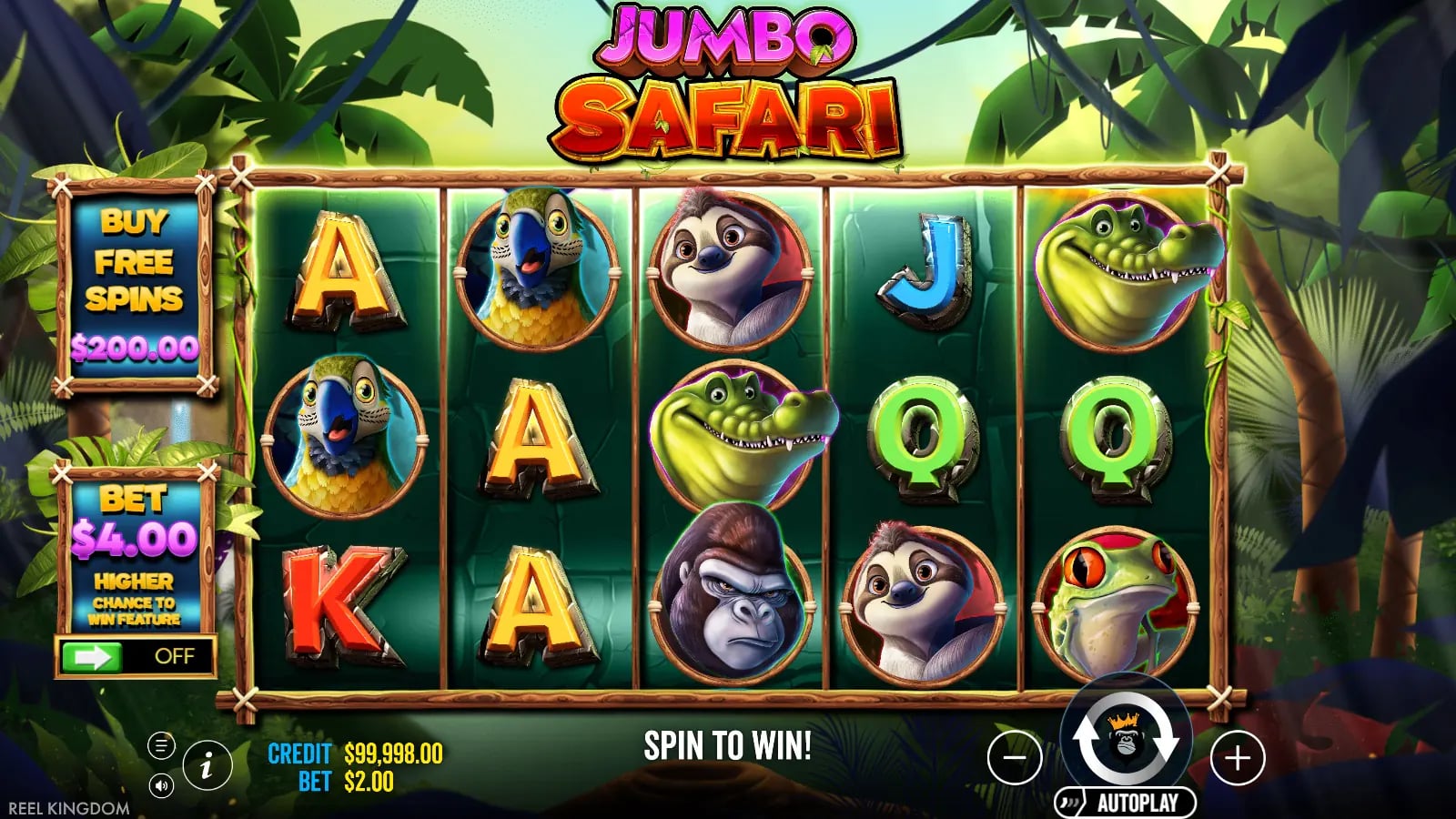 Jumbo Safari live five-reel grid with animal prizes and controls visible