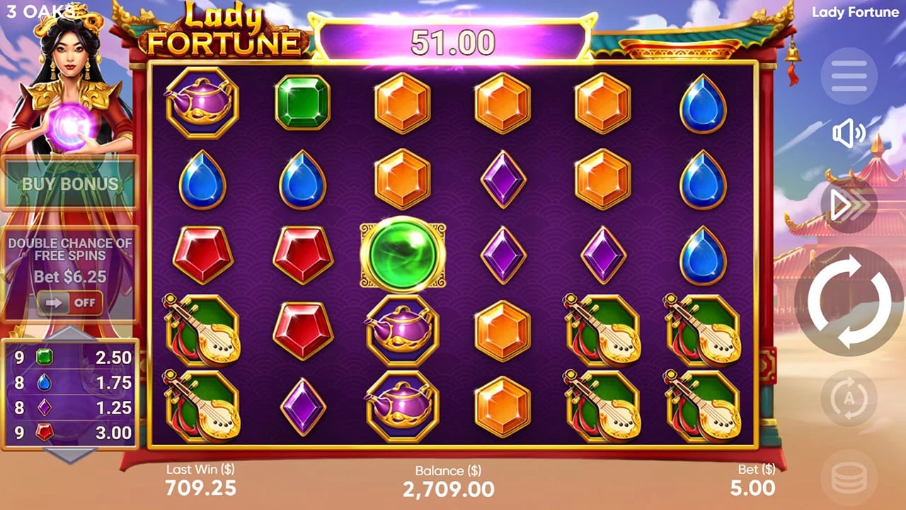 Lady Fortune: Six-by-five scatter-pay field and Ante control