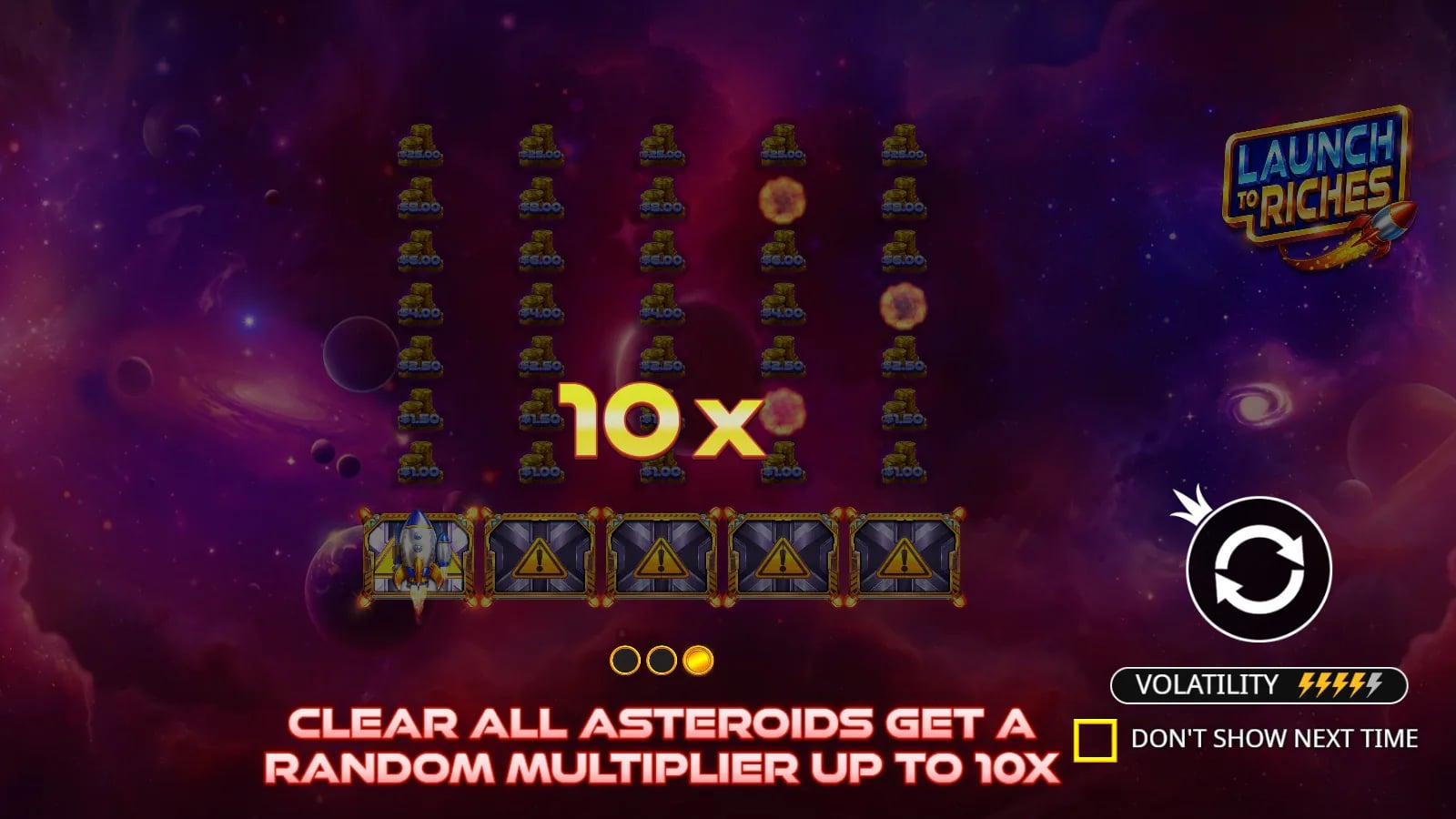 Launch to Riches pre-play illustration of the rocket launcher, asteroid field and possible 10x clear award