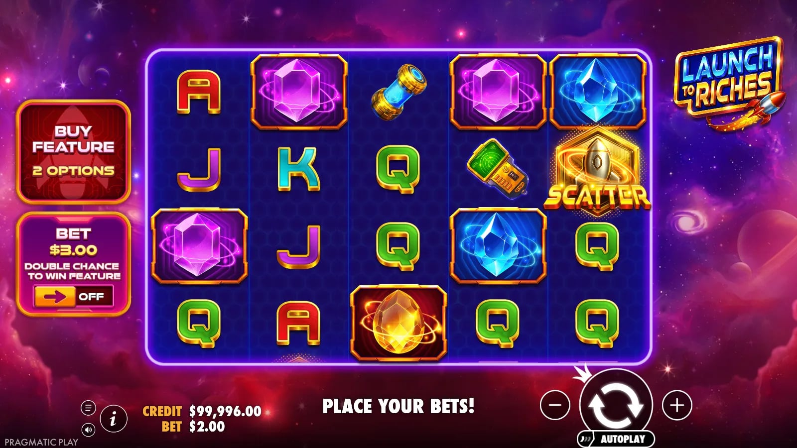 Launch to Riches ordinary five-by-four reels with one Scatter and feature-purchase control