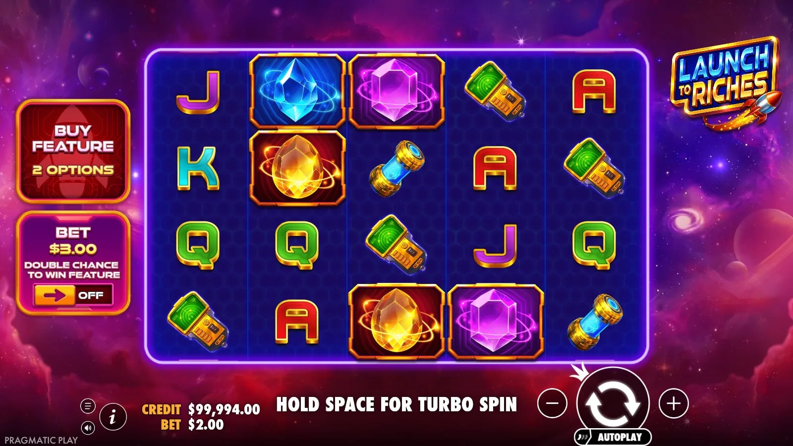 Launch to Riches later base-game screen with gems and handheld sensors across the five reels
