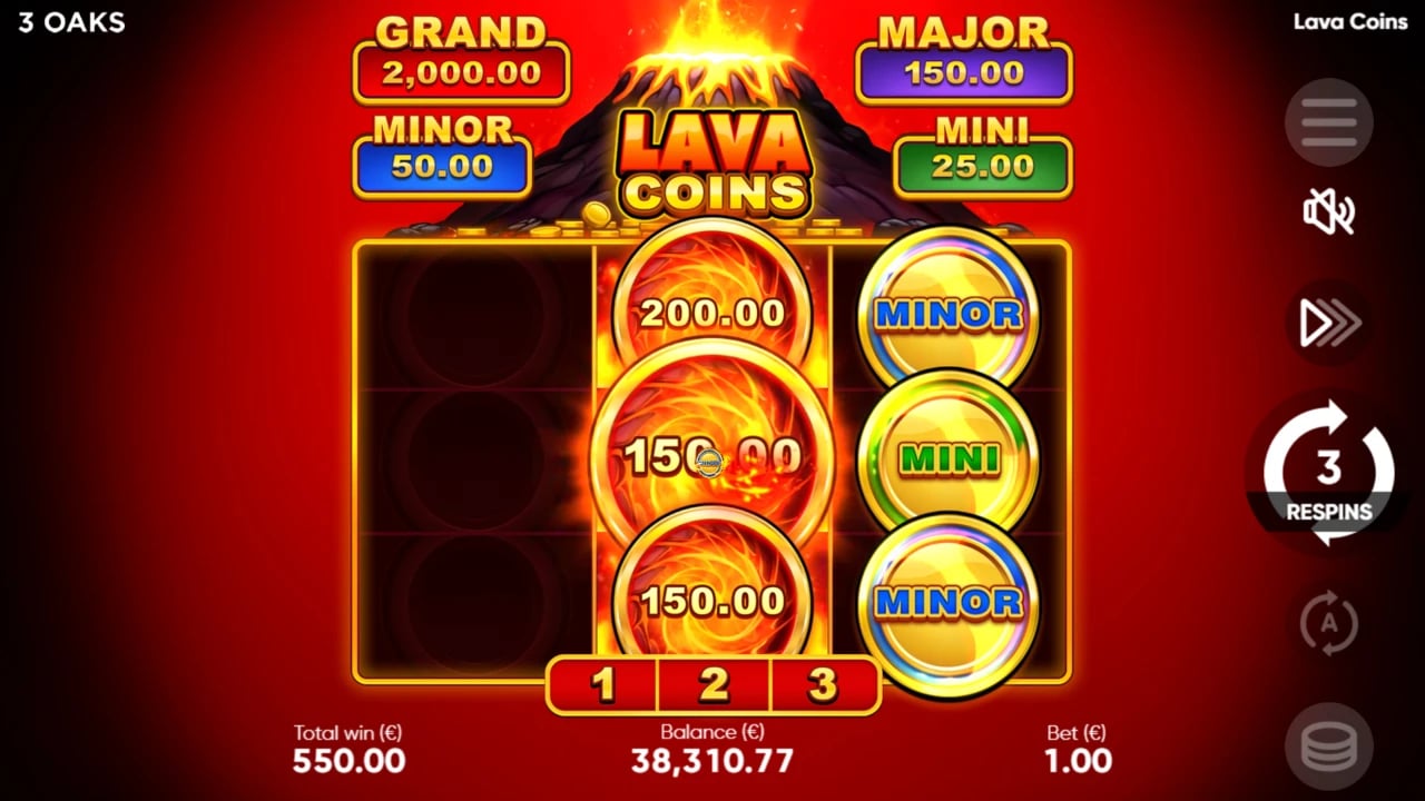 Lava Coins: clear bonus board with central collectors and jackpot symbols