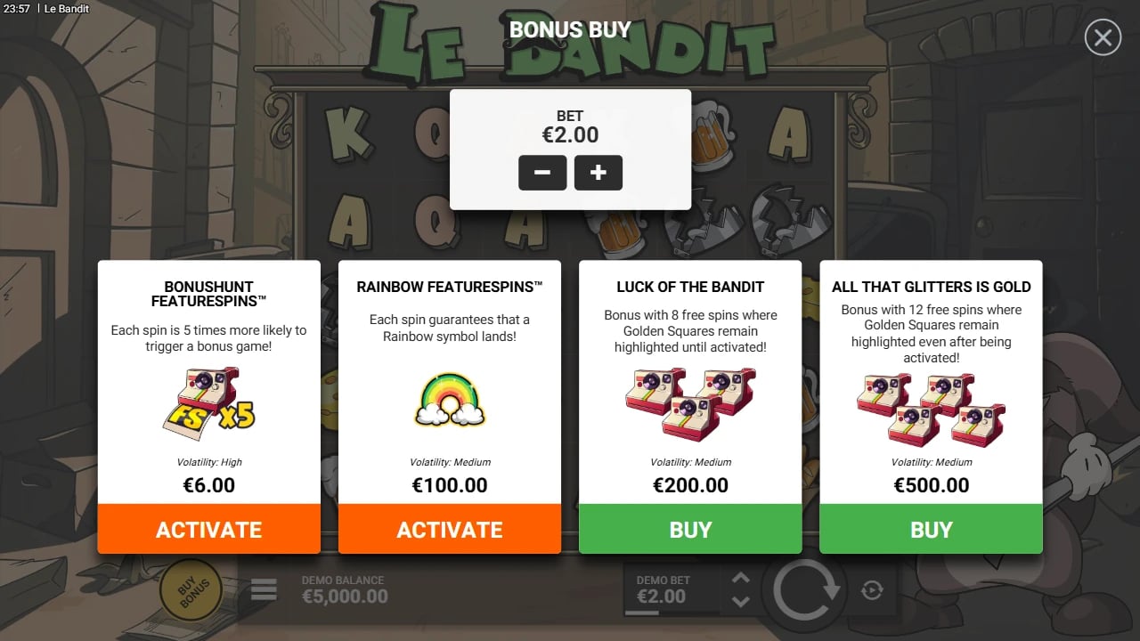 Le Bandit four-option Bonus Buy menu at a two-euro base bet