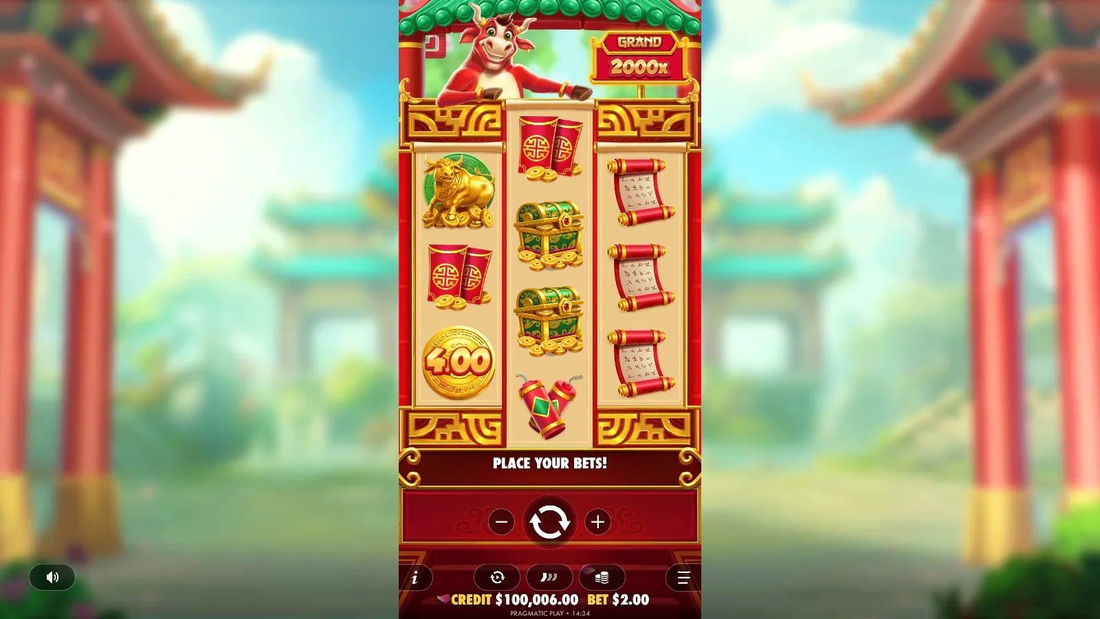 Lucky Bull official base-game view with uneven 3-4-3 reel heights, a 4.00 money coin, ordinary symbols and player controls.