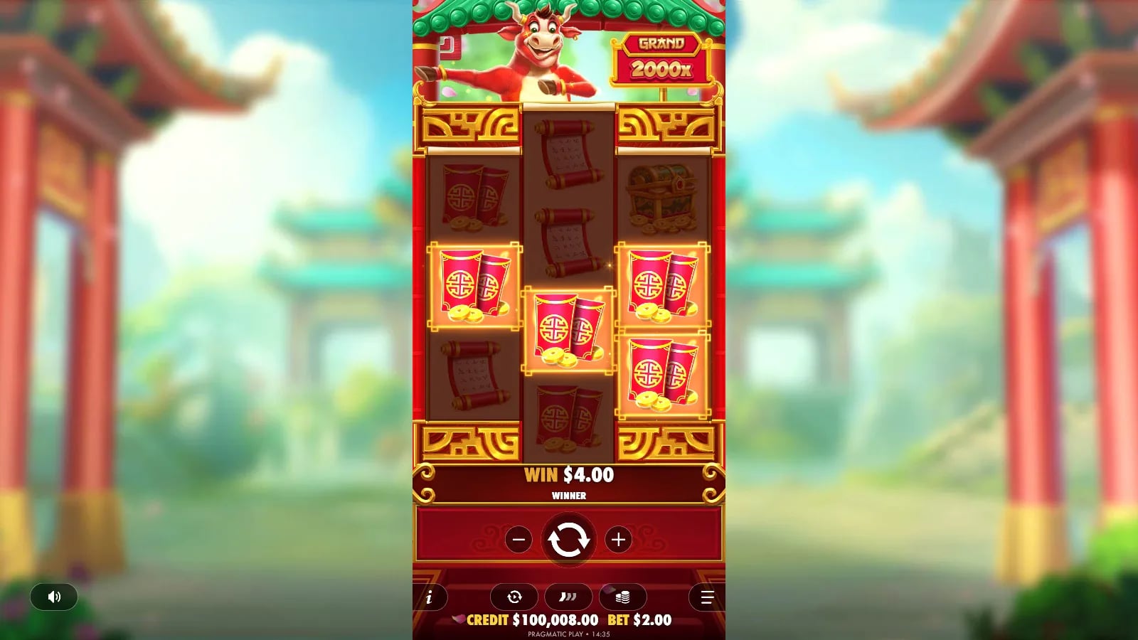 Lucky Bull later base-game result highlighting red-envelope symbols for a 4.00 win on the uneven three-reel board.
