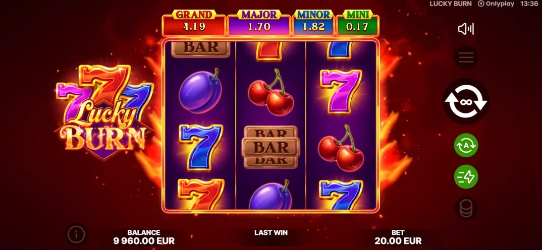 Lucky Burn: Three-by-three fruit and seven reels under jackpot meters