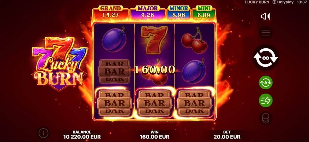 Lucky Burn: Base field with four jackpot meters above the reels