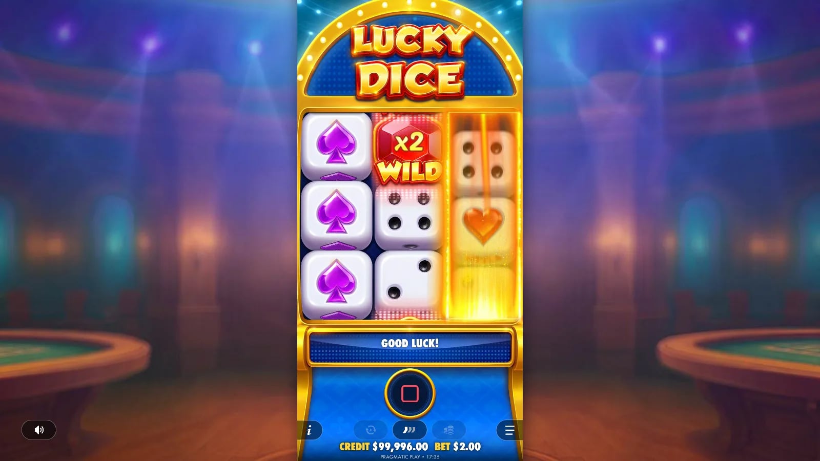 Lucky Dice later base-game spin with x2 Wild on the middle reel