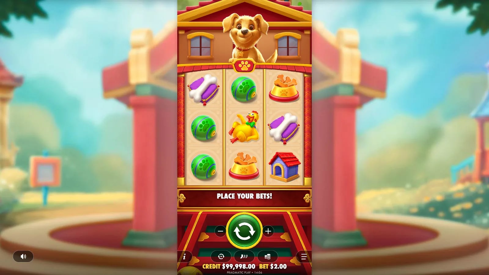 Lucky Dog official base-game screen with three reels, three rows, dog-themed symbols and the virtual-credit controls; the bag-choice Respins feature is not active.