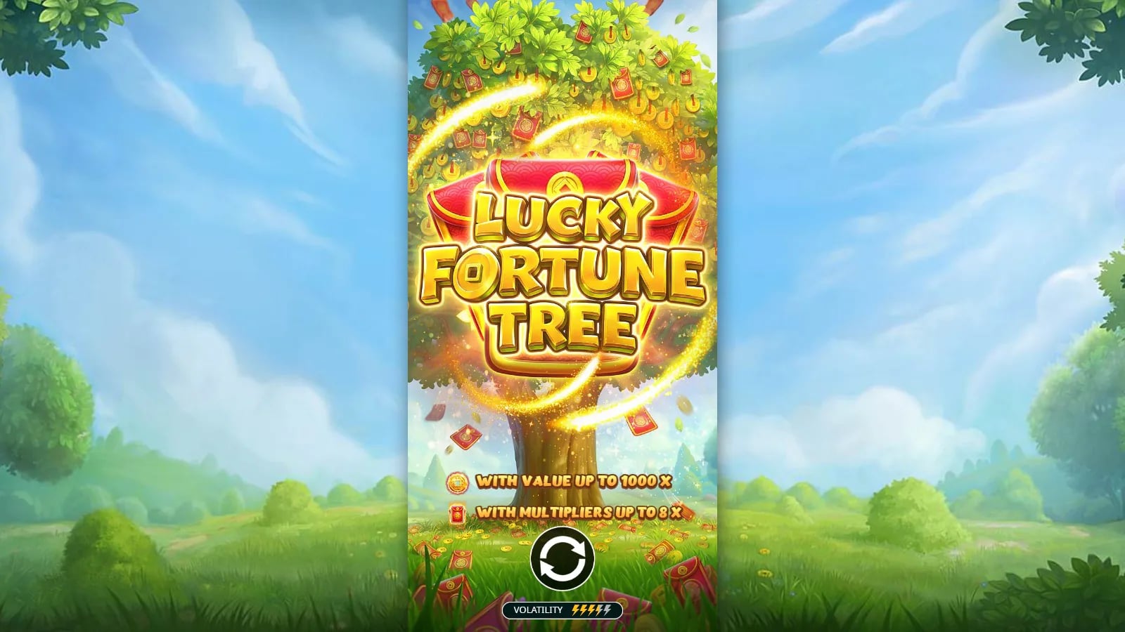 Lucky Fortune Tree intro screen with 1,000x money and 8x Collect limits
