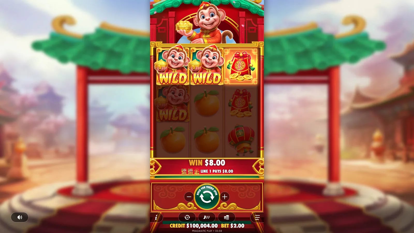 Lucky Monkey ordinary $8 line-one result at a $2 virtual bet, with two Wilds and no Respin counter.