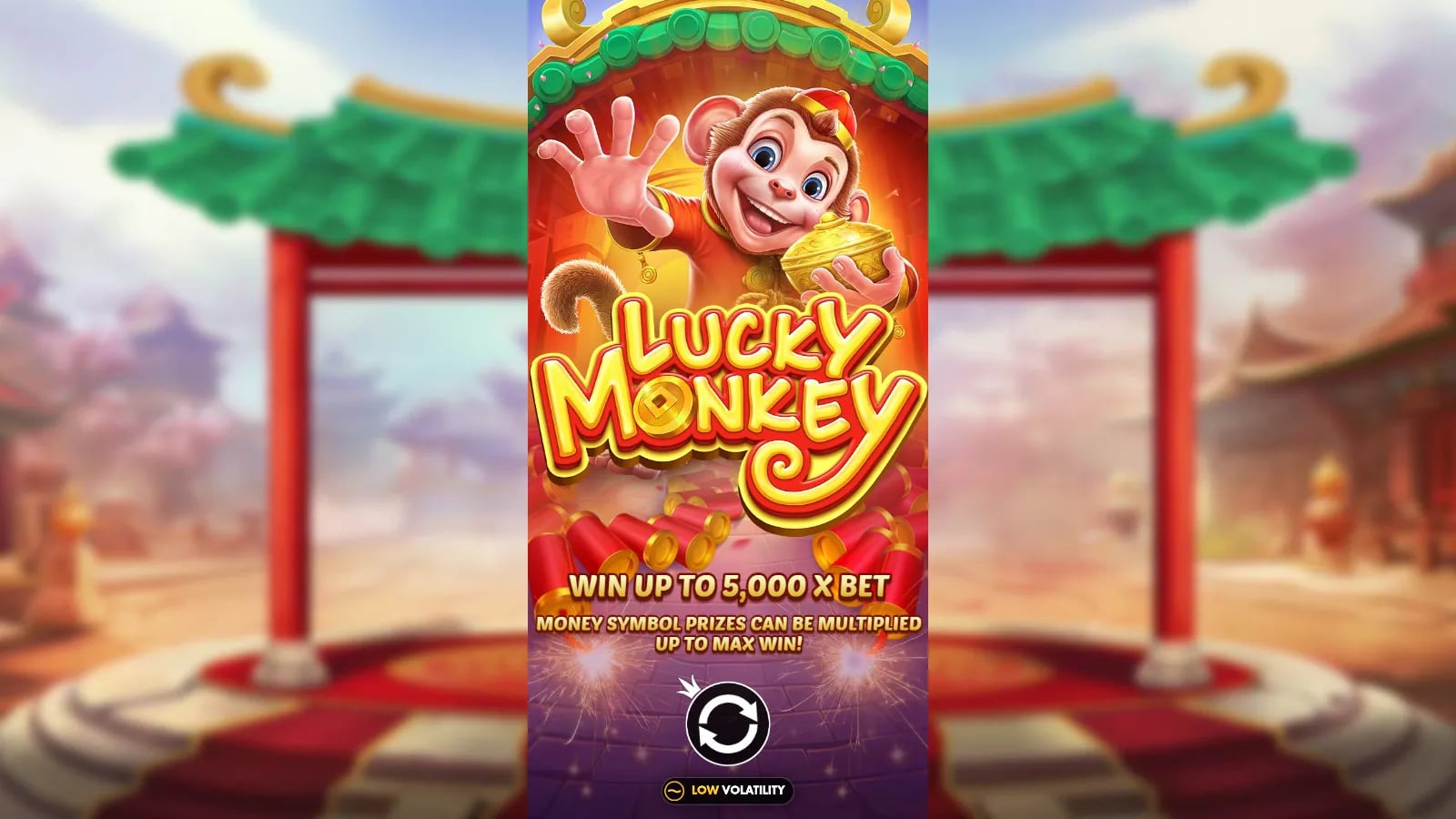 Lucky Monkey official opening with the monkey, a 5,000× maximum-win message and a printed Low volatility label.