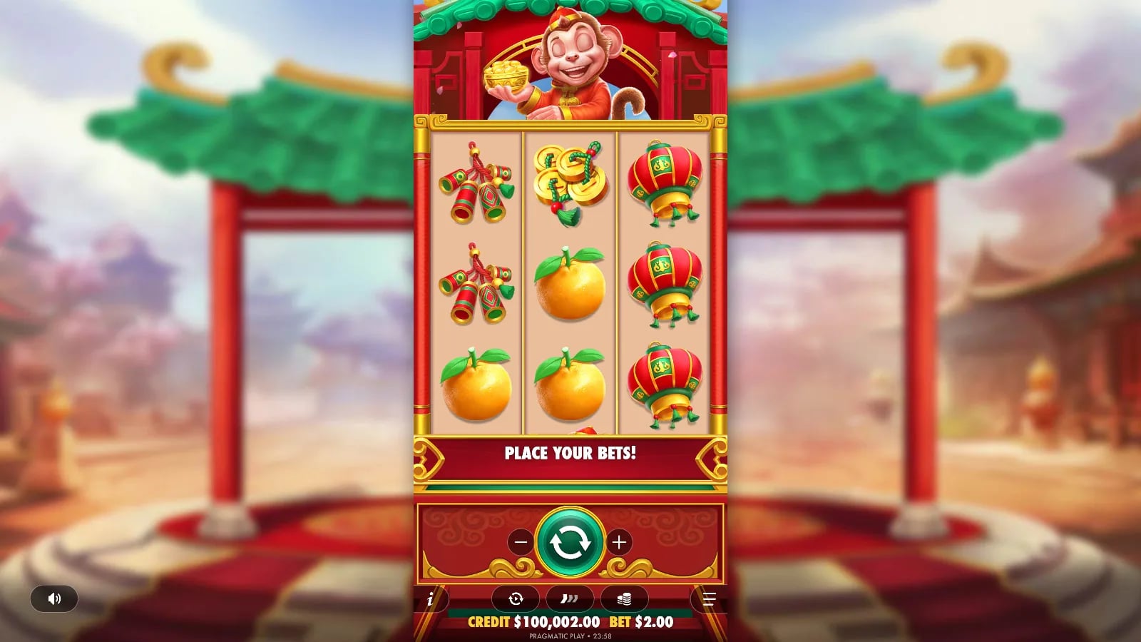 Lucky Monkey settled 3×3 ordinary board at a $2 virtual bet with $100,002 credit and no displayed win.