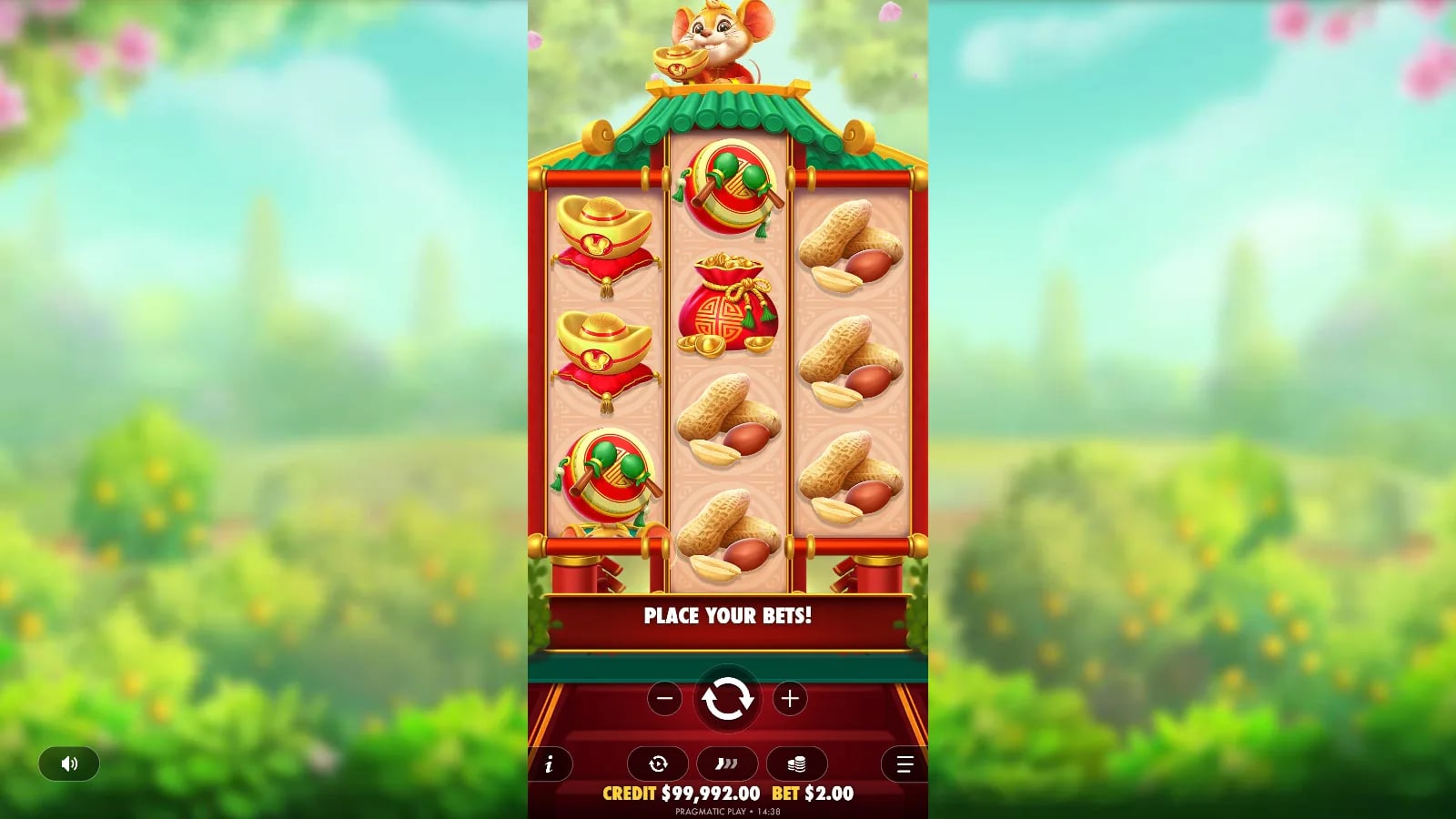 Lucky Mouse later official base-game result showing the complete three-four-three grid, mouse artwork and stake controls without a multiplier Wild on this spin.