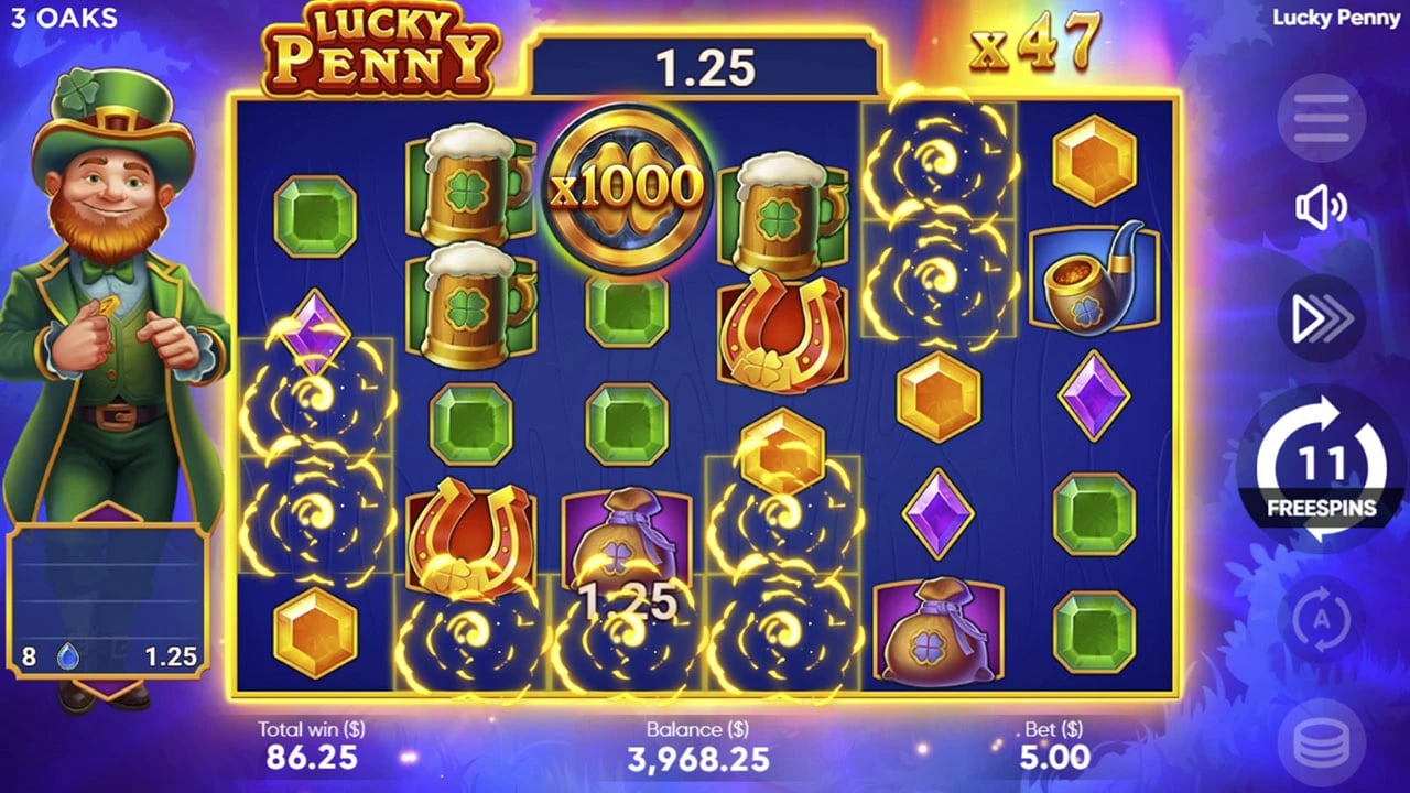 Lucky Penny: Free Spins field with a multiplier total and remaining-spin counter