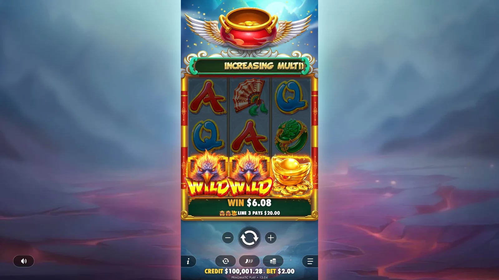 Lucky Phoenix base-game line win showing two phoenix Wild symbols