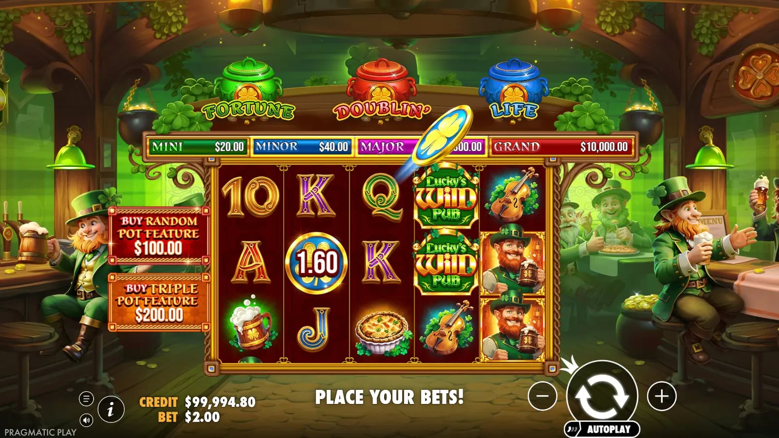 Lucky's Wild Pub base spin with a blue coin, a 1.60 money symbol and two stacked Wilds on the reels.