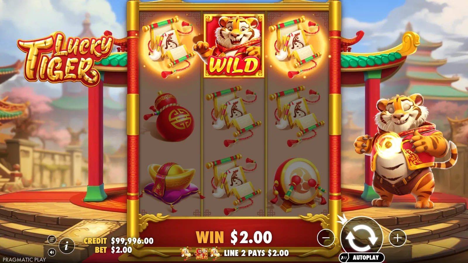 Lucky Tiger live 3x3 grid with five paylines and all controls visible