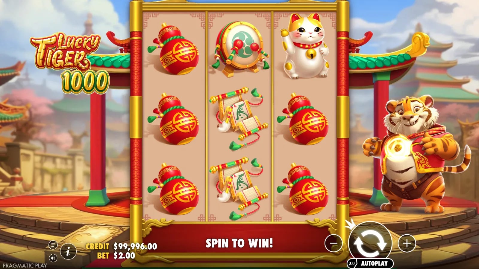 Lucky Tiger 1000 settled 3×3 board with ornaments, scrolls and one lucky cat.