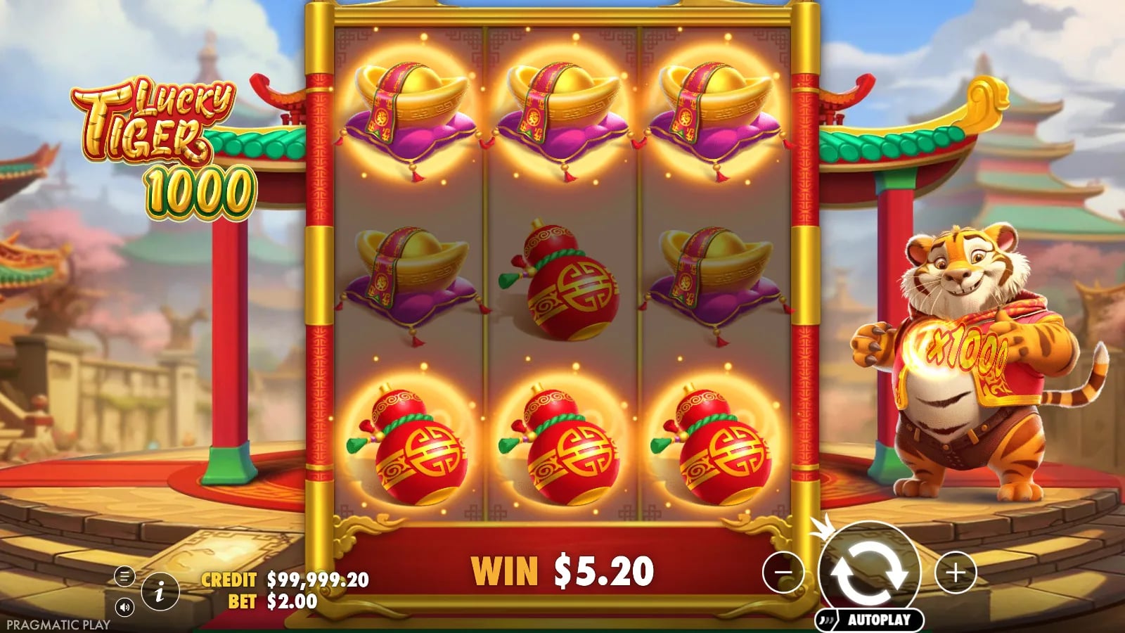 Lucky Tiger 1000 $5.20 win on a mixed-symbol board with x1000 artwork on the tiger.