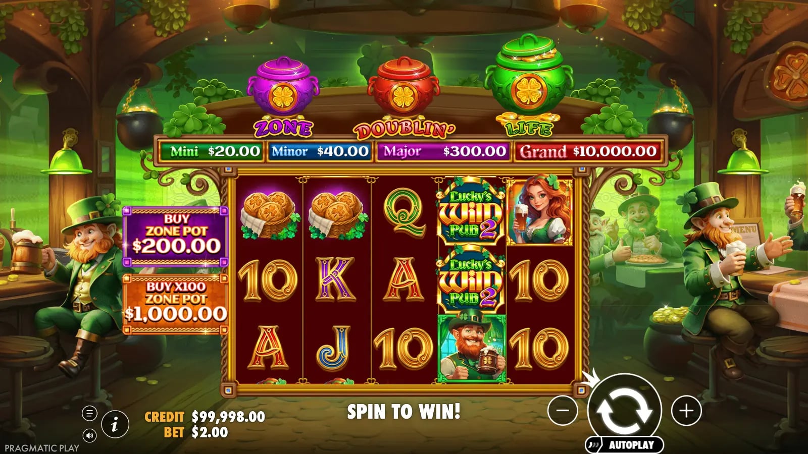 Lucky's Wild Pub 2 ordinary reels beneath the prize-pot display