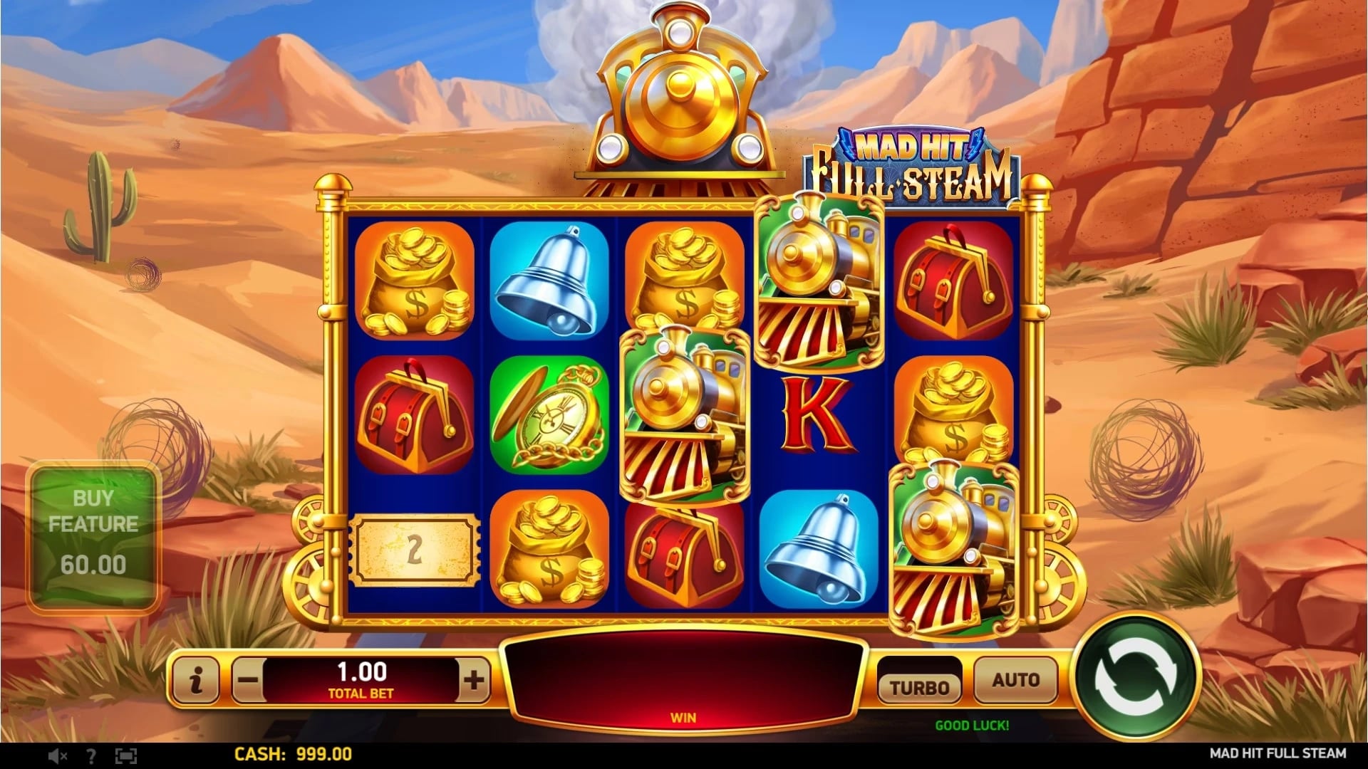 Mad Hit Full Steam: Desert train reel field with prize bars and a Mad Hit Wild; ordinary game presentation.