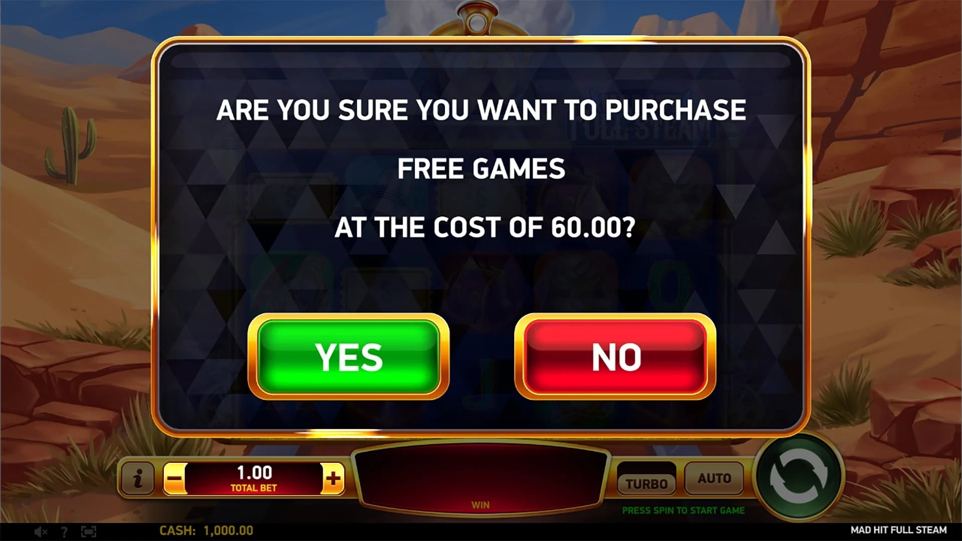 Mad Hit Full Steam: Purchase confirmation for 60.00 at a displayed 1.00 total bet.