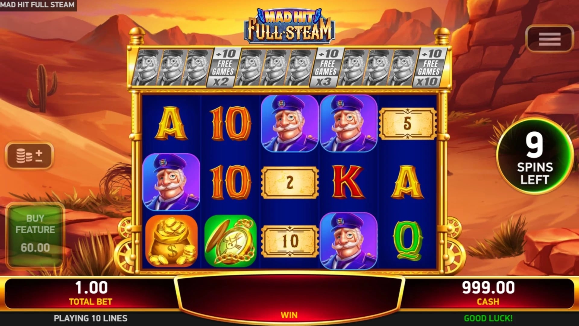 Mad Hit Full Steam: Free-game field with the Wild collection strip above and 9 spins left.