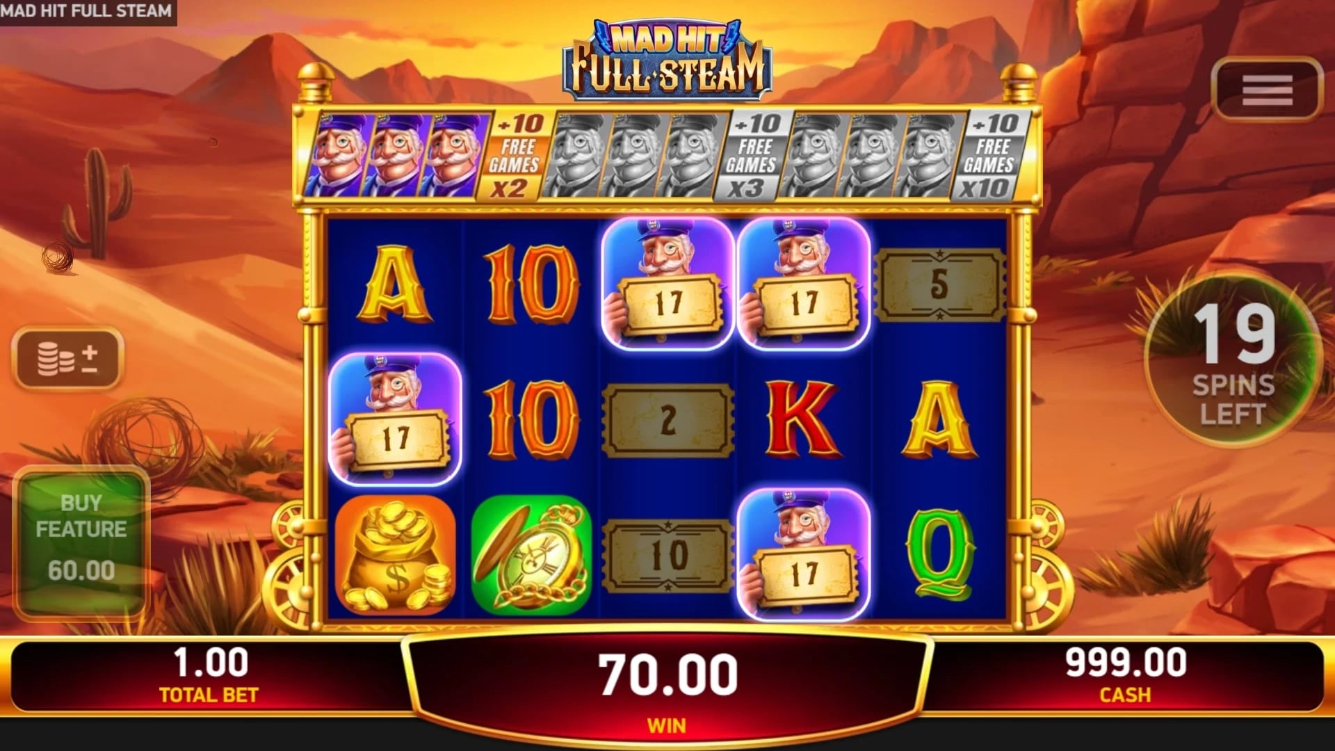 Mad Hit Full Steam: Collected Wilds and prize multipliers above the bonus field, now showing 19 spins left.
