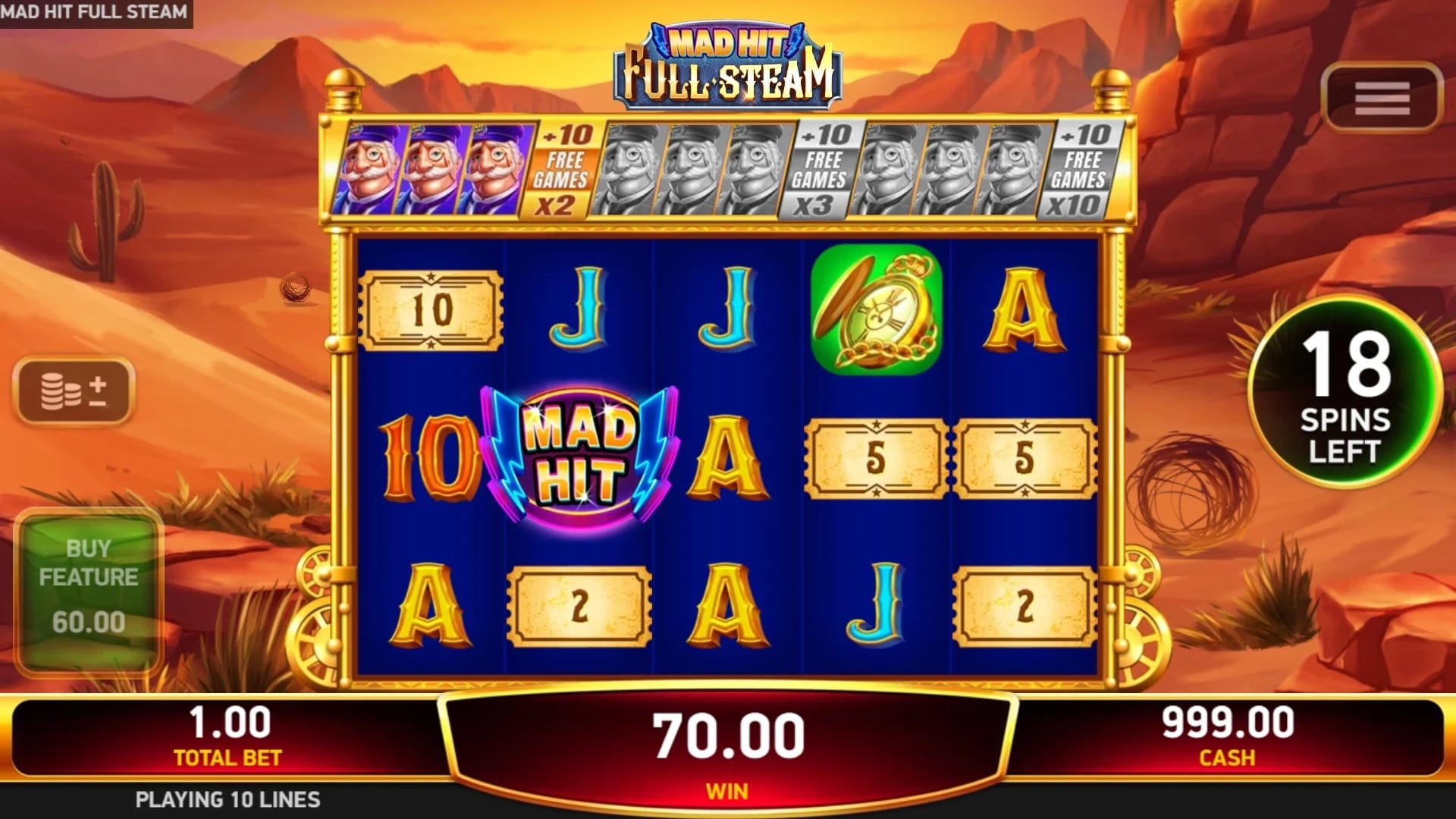 Mad Hit Full Steam: Mad Hit Wild and prize bars during free games with the collection strip visible.