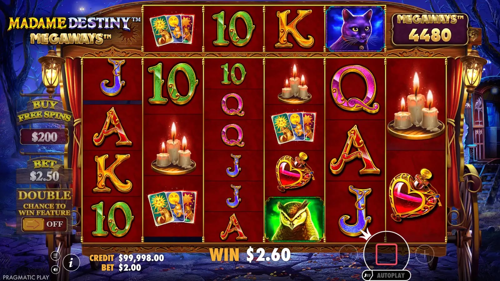 Madame Destiny Megaways later base tumble with a $2.60 win