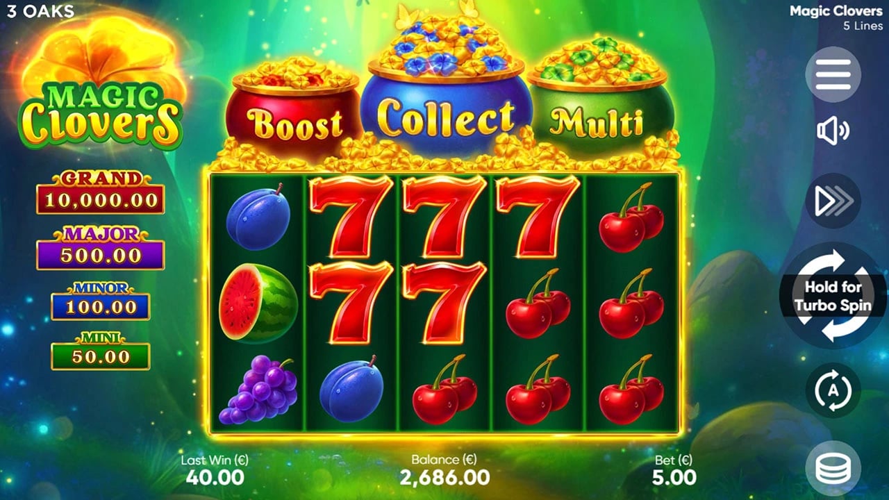 Magic Clovers: Five-reel field beneath three Clover Pots