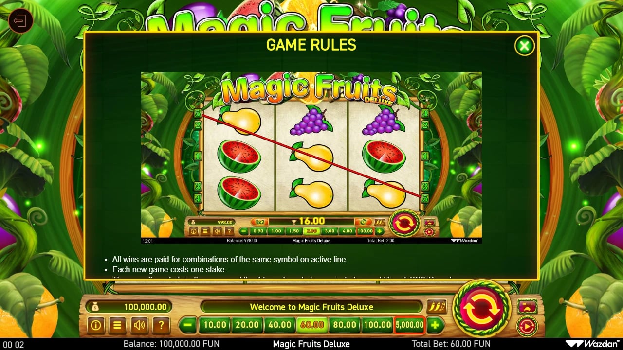 Magic Fruits Deluxe opening rules and line-win explanation